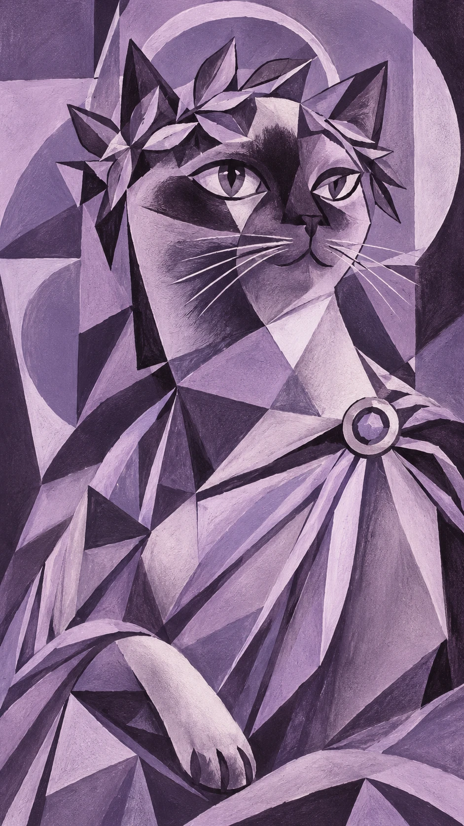 Diosa gata siamesa cubista en monocromo lila claro