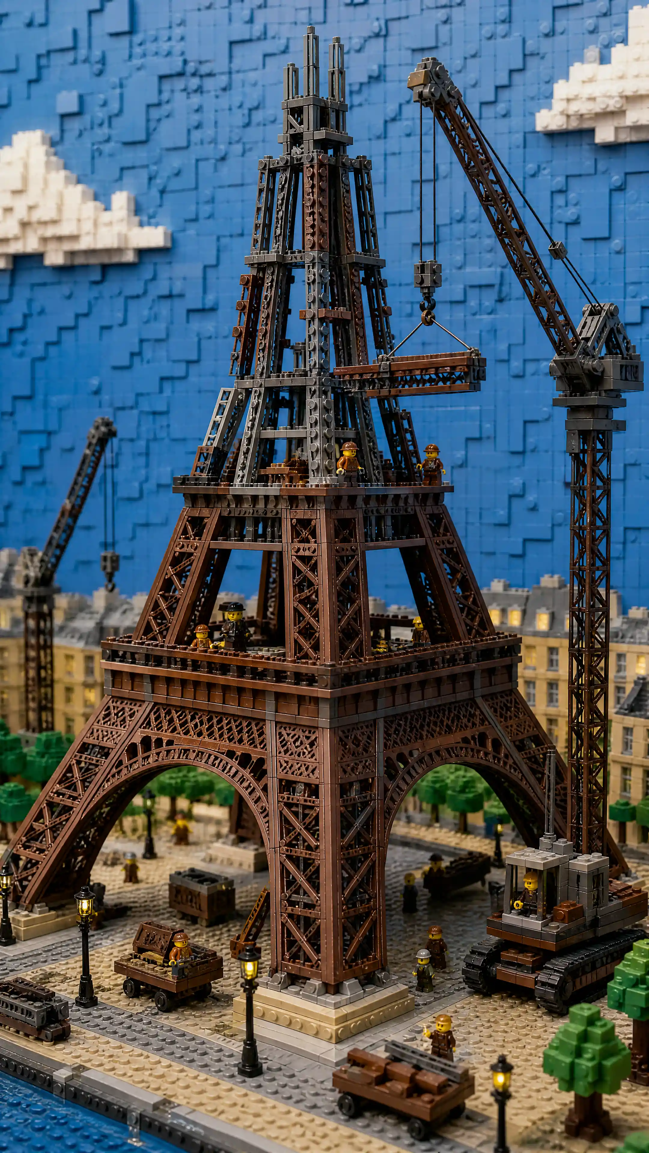 Brick-Diorama des Eiffelturms im detaillierten Bauzustand