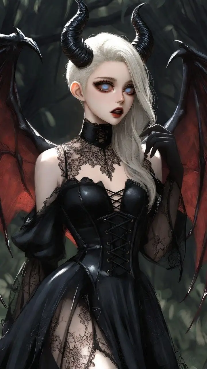 Princesa demonio gótica con vestido de encaje negro y alas