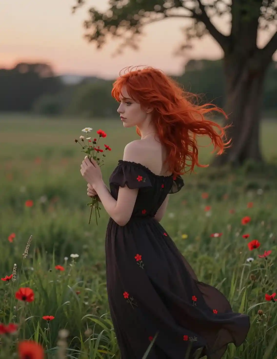 Red haired anime woman in meadow at tranquil dusk