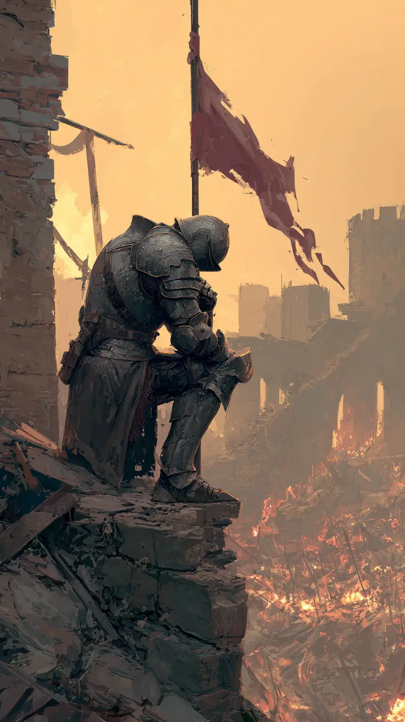 Paladino solitario in armatura che regge uno stendardo imperiale in fiamme