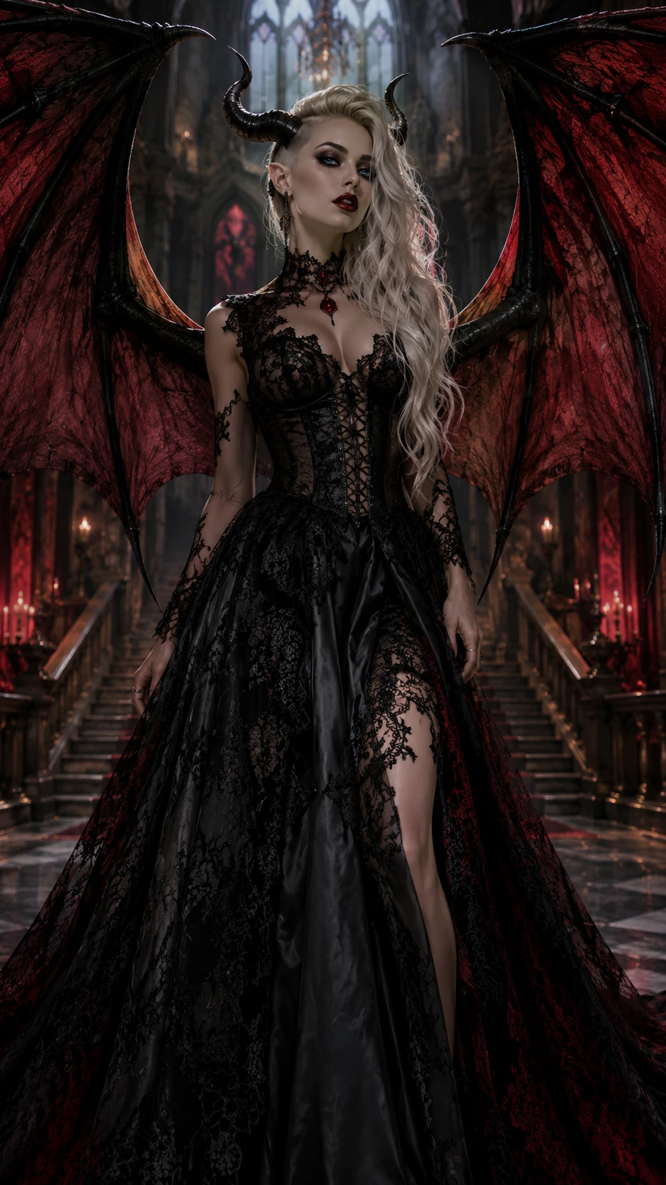 Gothic horned princess with black lace dress and wings