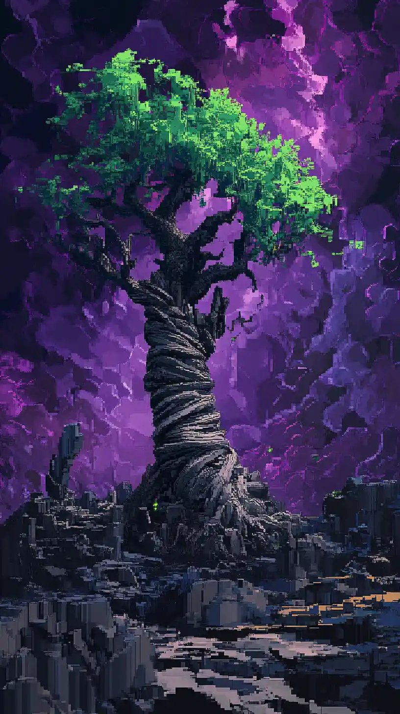 Lonely dead tree in a chaotic pixelated block world