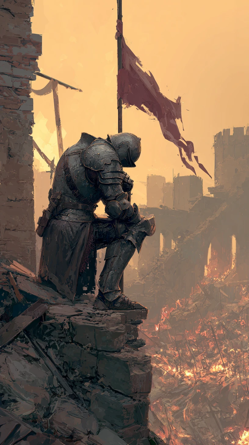 Lone Armored Paladin Holding A Burning Imperial Banner
