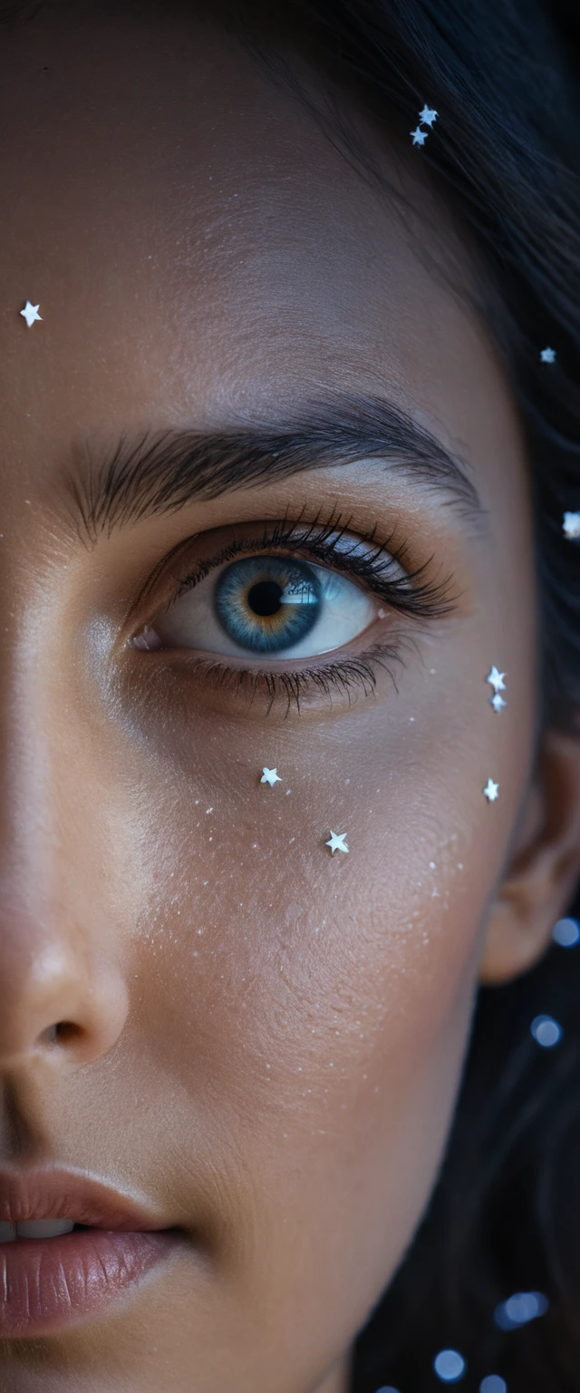 Mulher olhando para cima em direção a um universo estrelado e brilhante