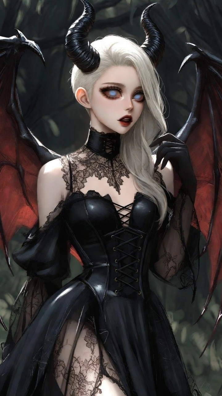 Princesa demonio gótica con vestido de encaje negro y alas