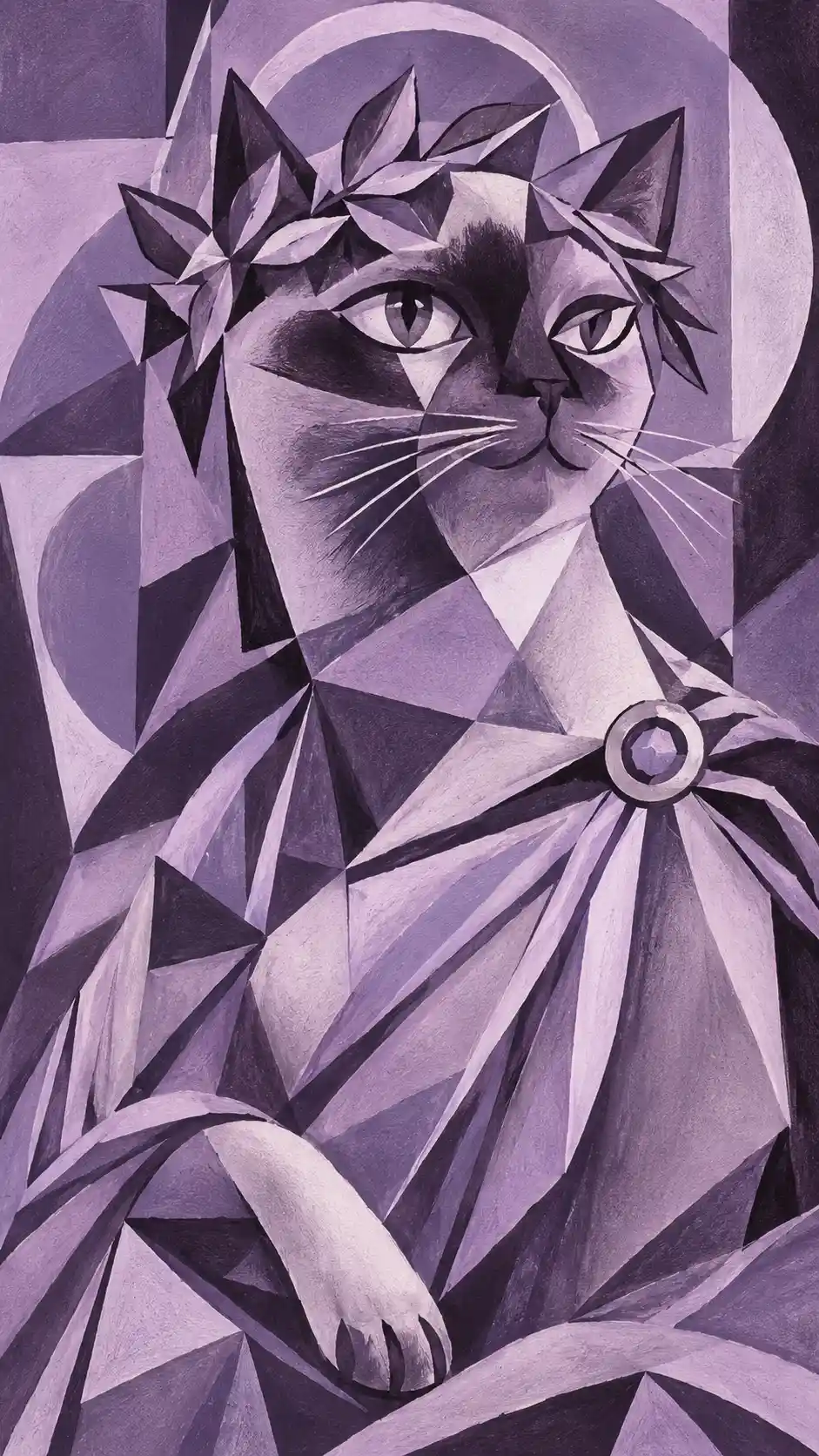 Diosa gata siamesa cubista en monocromo lila claro