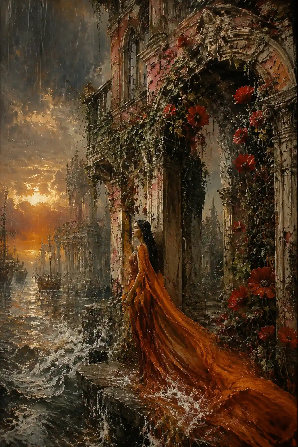 Mujer surreal junto a un palacio veneciano que se hunde en la jungla