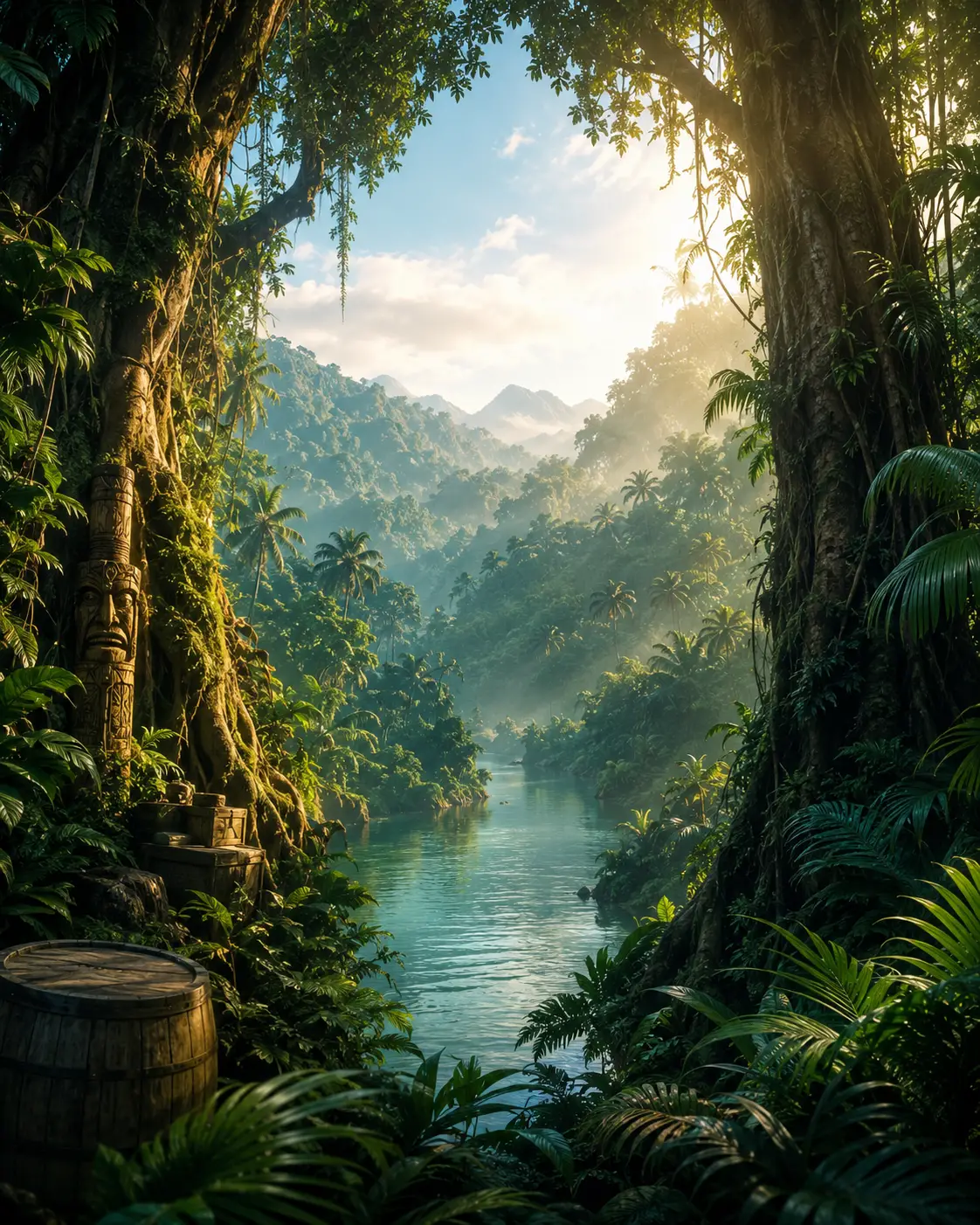 Vista Cinematográfica de Río en la Jungla con Antiguos Árboles Cubiertos de Musgo