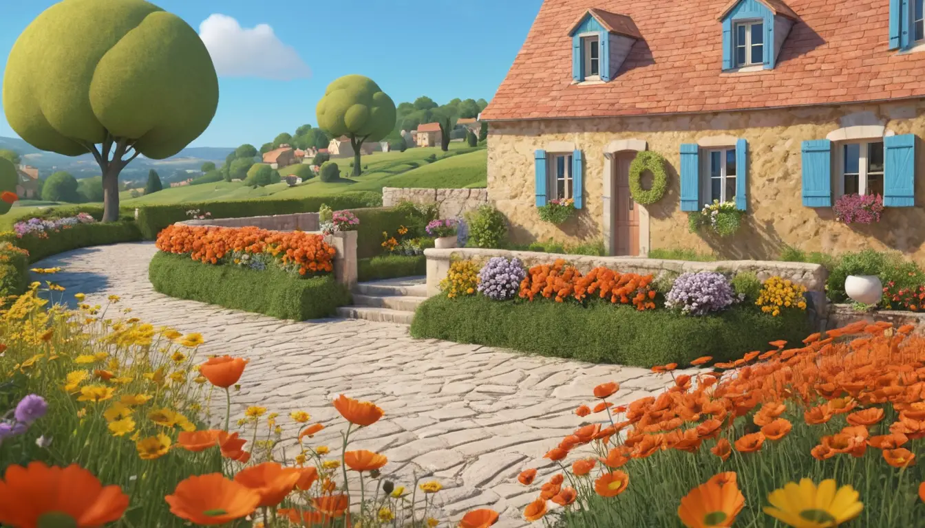 Ilustración plana onírica de un acogedor pueblo costero de flores