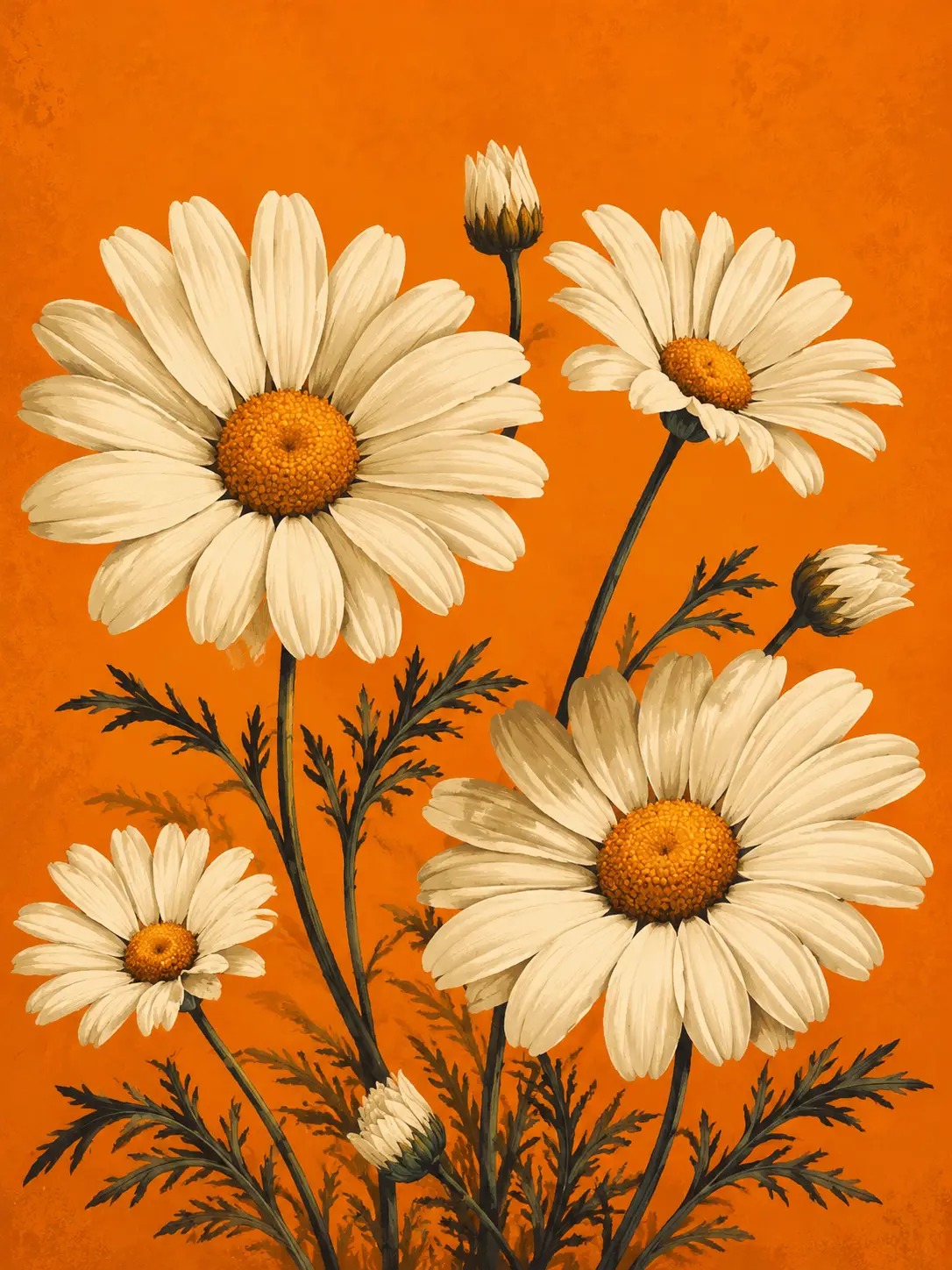 Ilustración vintage de margaritas sobre un fondo naranja intenso