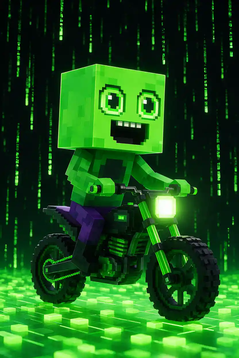 Personaje vóxel en moto de cross neón bajo lluvia digital