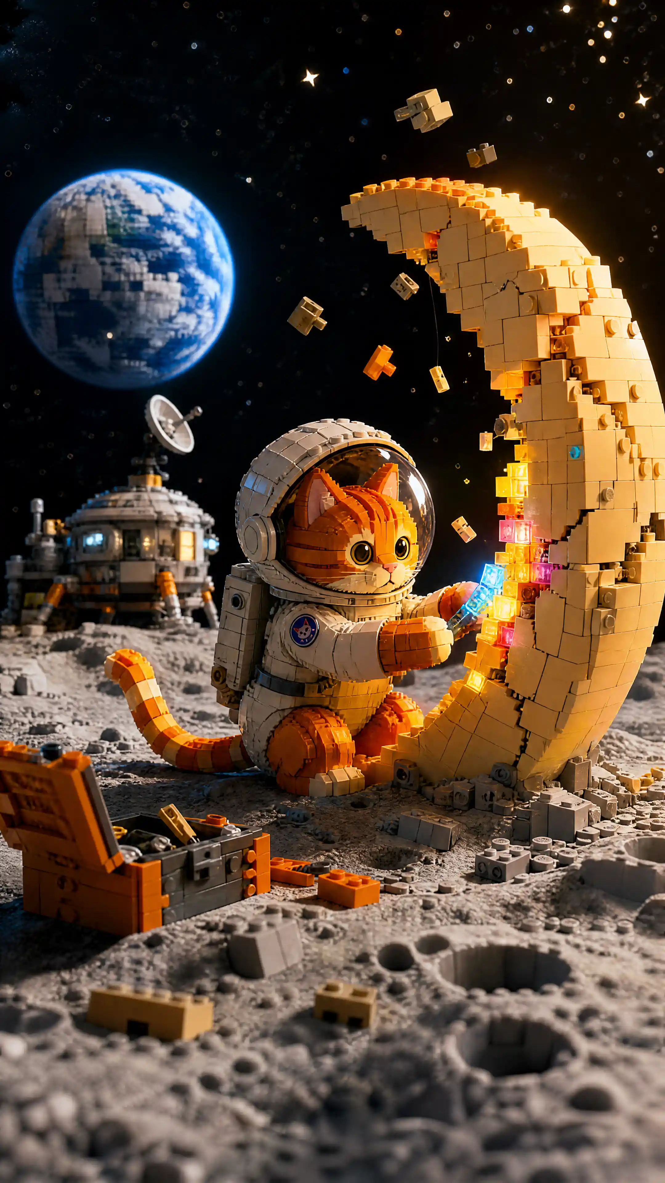 Minuscolo gatto astronauta tigrato di mattoncini che ripara una luna luminosa