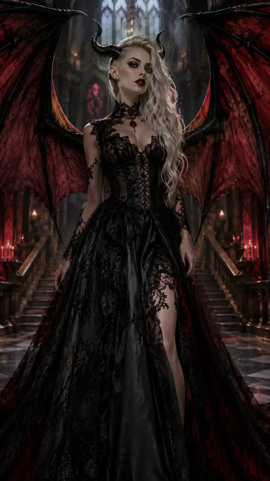 Gothic horned princess with black lace dress and wings