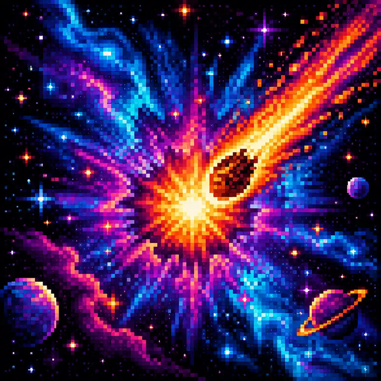 Supernova vibrante en arte píxel explotando en el espacio negro profundo