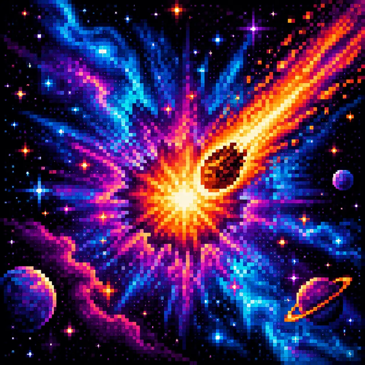Supernova vibrante en arte píxel explotando en el espacio negro profundo