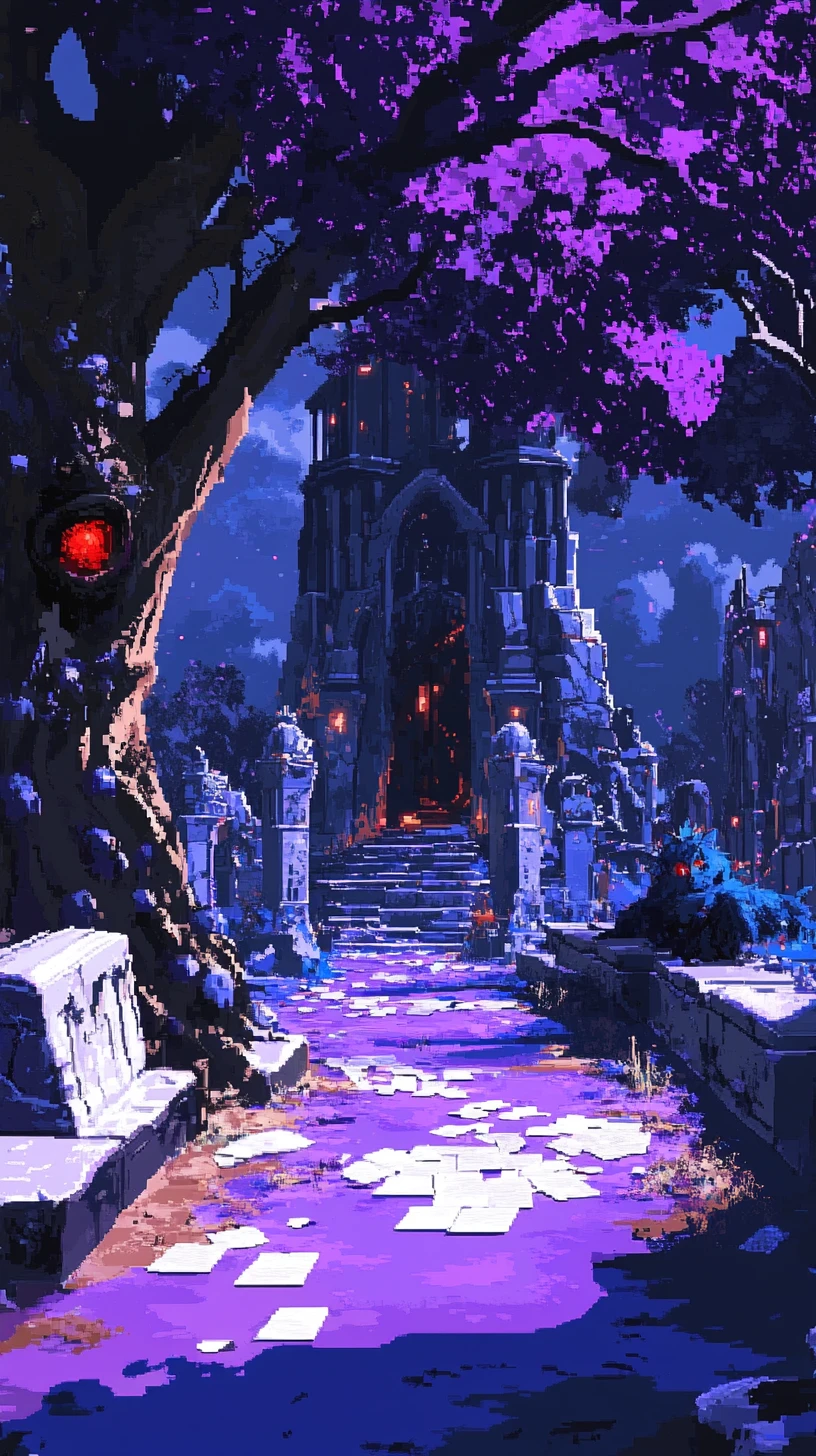 Mundo púrpura de pixel art con estatua de gato azul