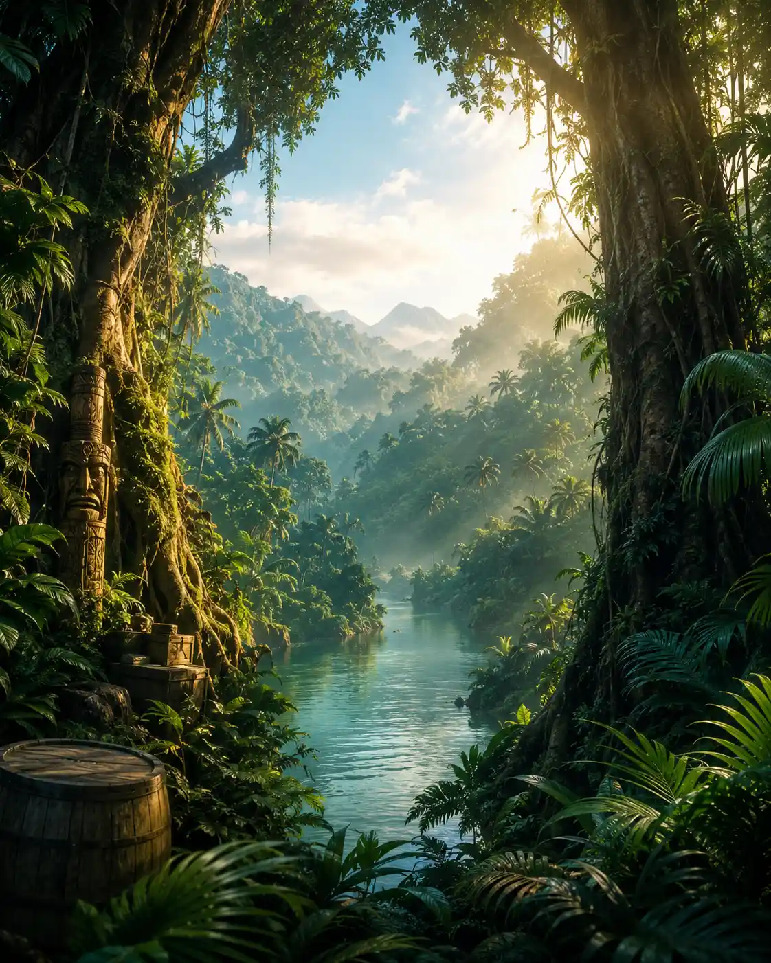 Vista Cinematografica di un Fiume nella Giungla con Antichi Alberi Muschiosi