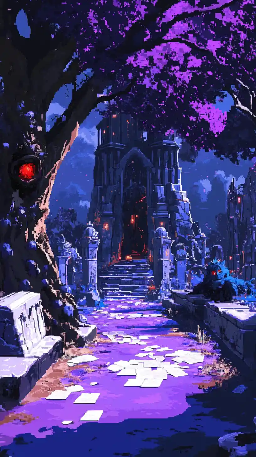 Mundo púrpura de pixel art con estatua de gato azul