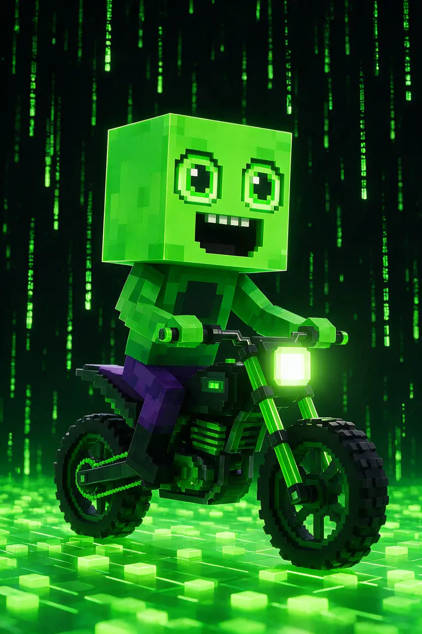 Personaje vóxel en moto de cross neón bajo lluvia digital
