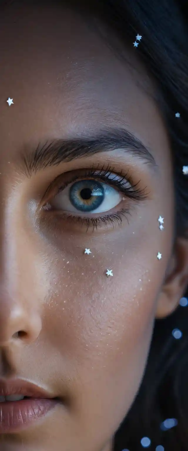 Femme levant les yeux vers un univers étoilé et lumineux