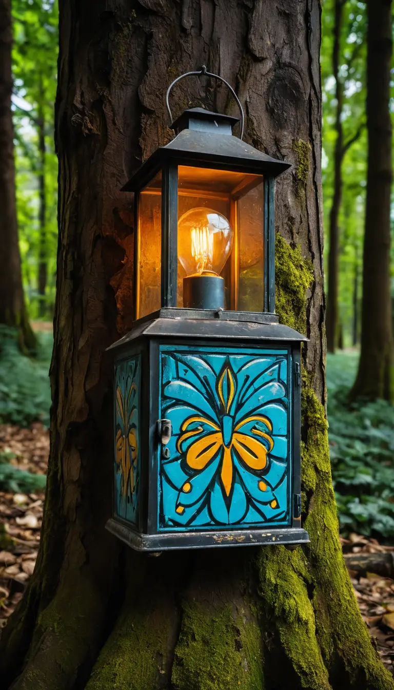 Farol rústico de aceite sobre tocón de árbol desgastado al anochecer