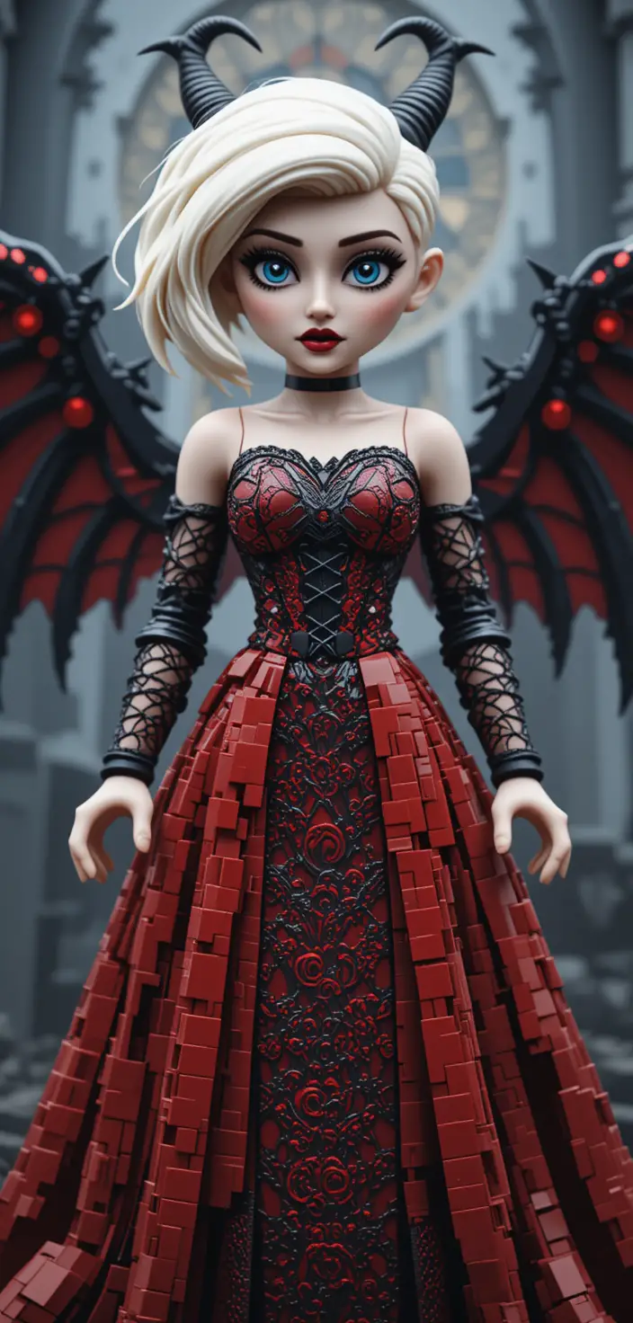 Gotische Prinzessin mit Hörnern und Fledermausflügeln im Lego-Stil