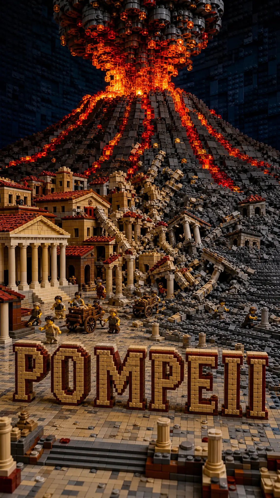 Diorama di mattoncini di Pompei con vulcano in eruzione e lettere del foro