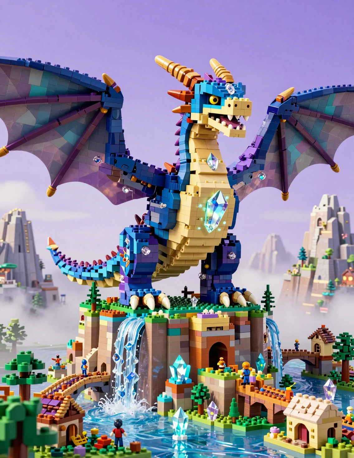 Dragão de fantasia feito de blocos sobre uma fortaleza na montanha
