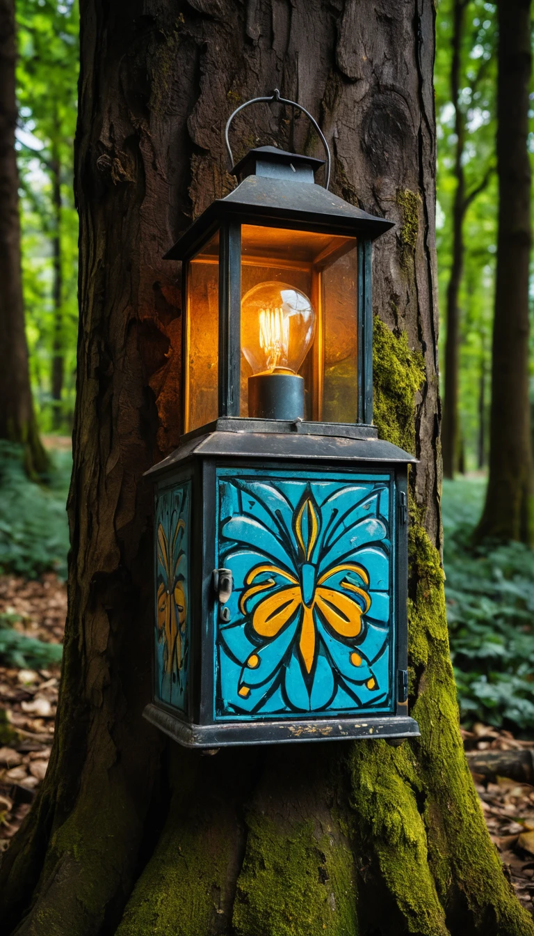 Farol rústico de aceite sobre tocón de árbol desgastado al anochecer