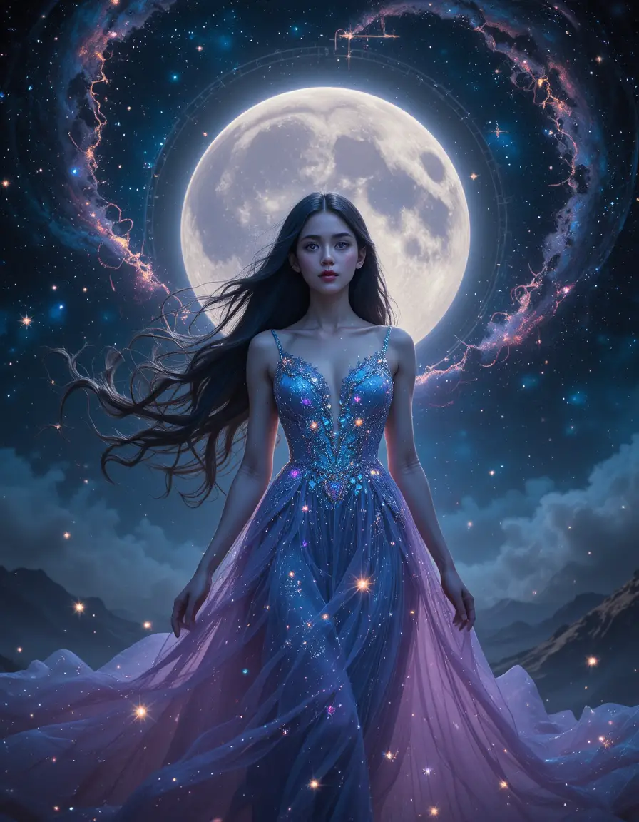 Mujer cósmica en un universo celestial luminoso