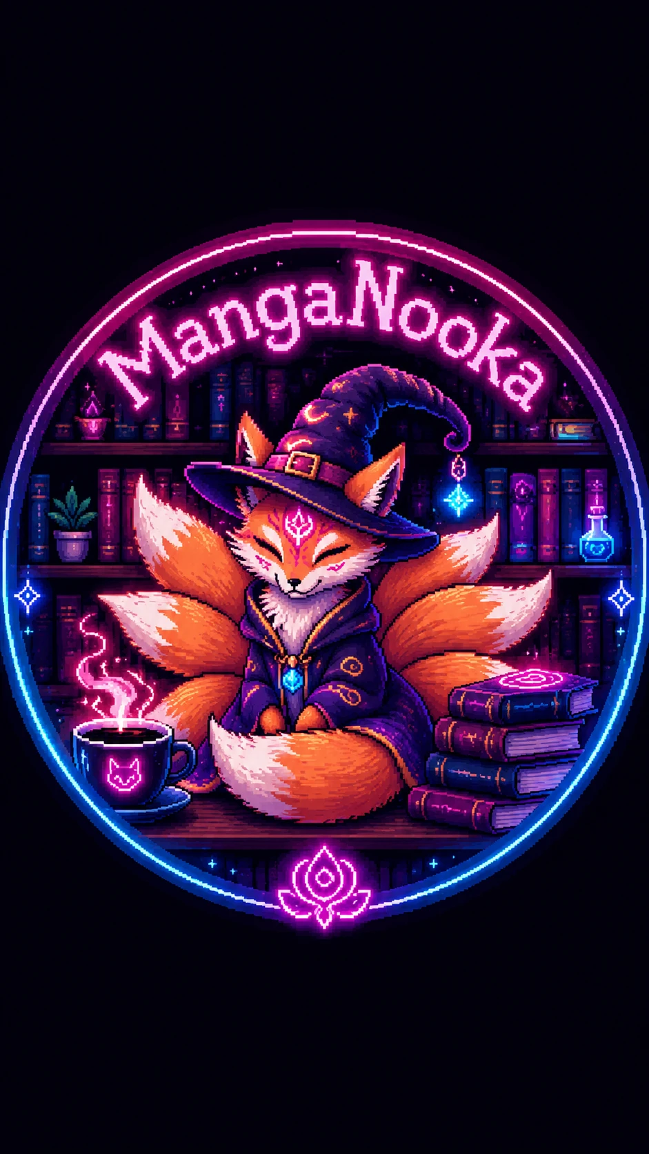 Pixel art logo of a nine tailed fox with coffee and books
