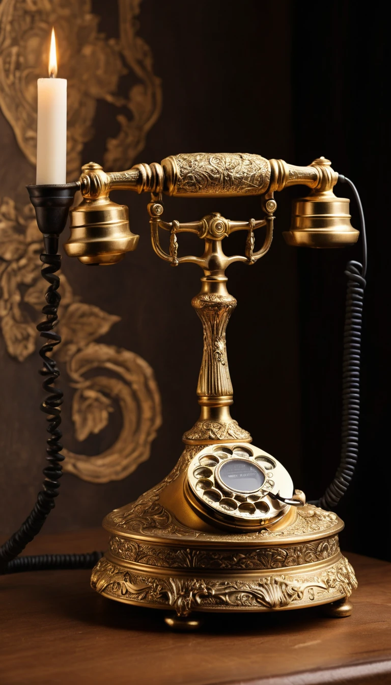 Teléfono de disco vintage dorado sobre mesa de madera oscura