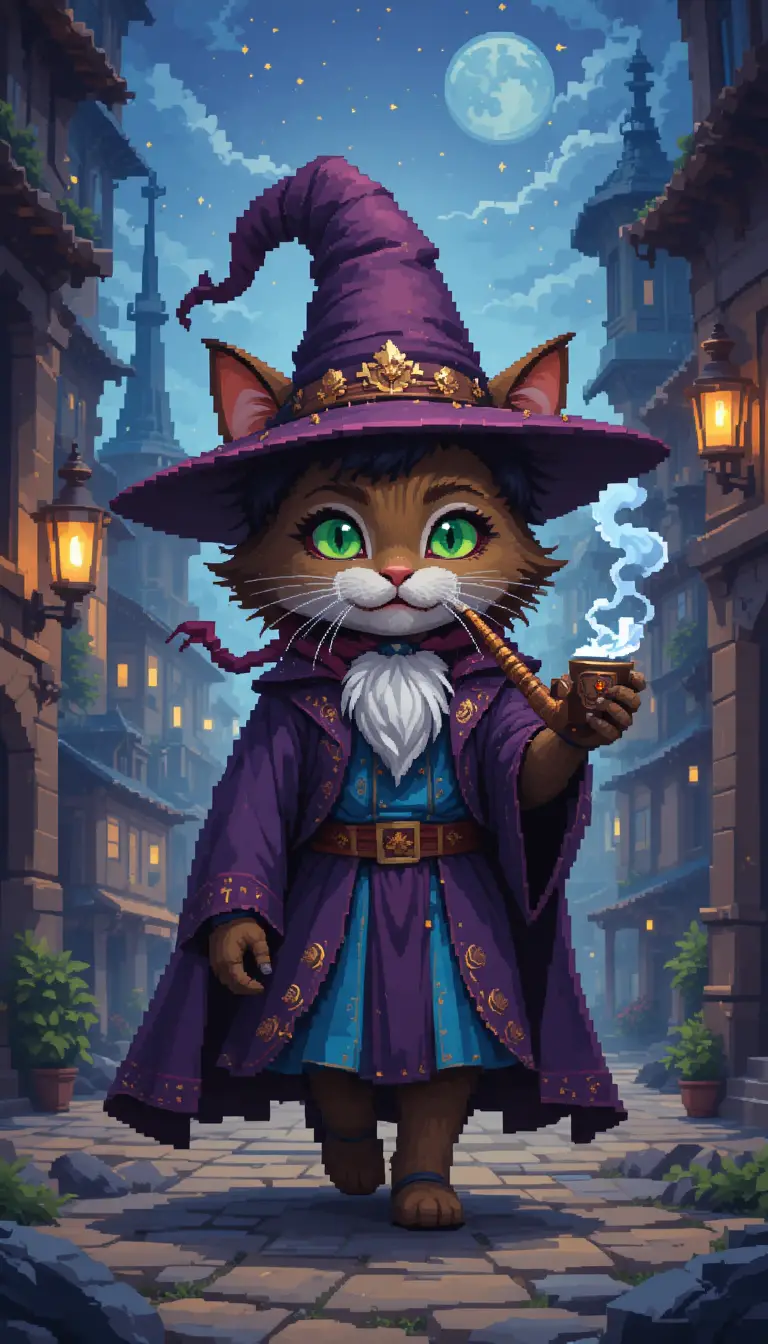 Gato mago en pixel art caminando por una misteriosa ciudad de fantasía