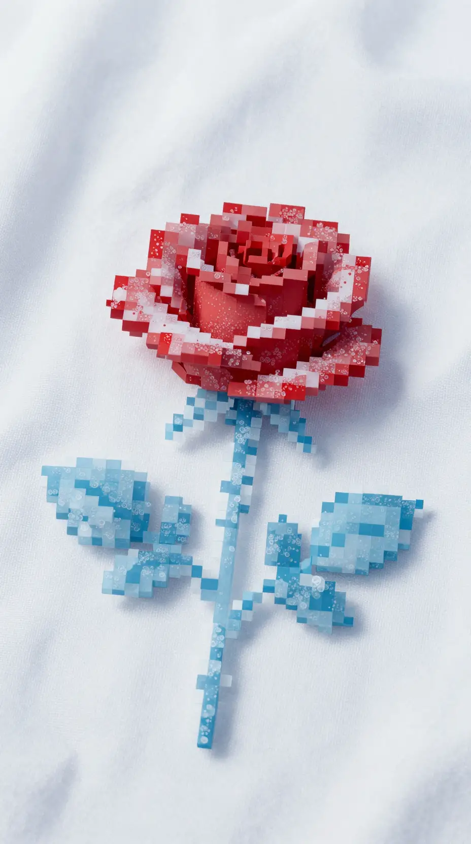 Delicata rosa rossa in pixel art su morbido sfondo bianco