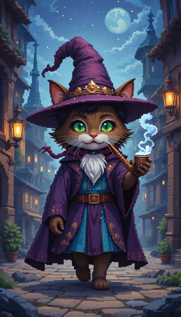 Pixelart-Zaubererkatze, die durch eine geheimnisvolle Fantasiestadt läuft