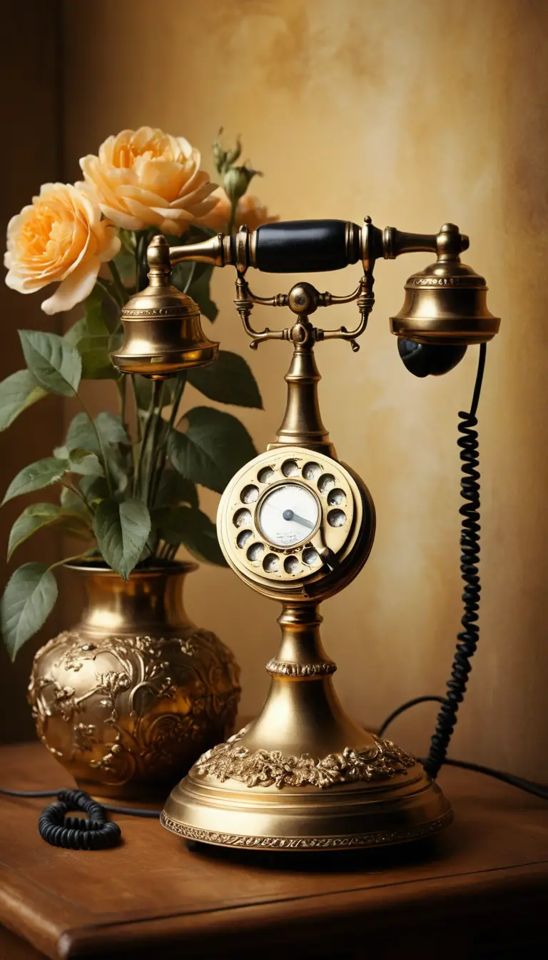 Teléfono dorado de disco sobre mesa de madera oscura con flores