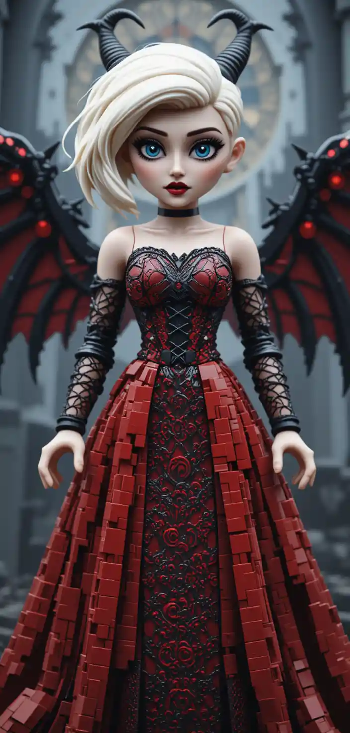 Princesa gótica con cuernos y alas de murciélago al estilo Lego