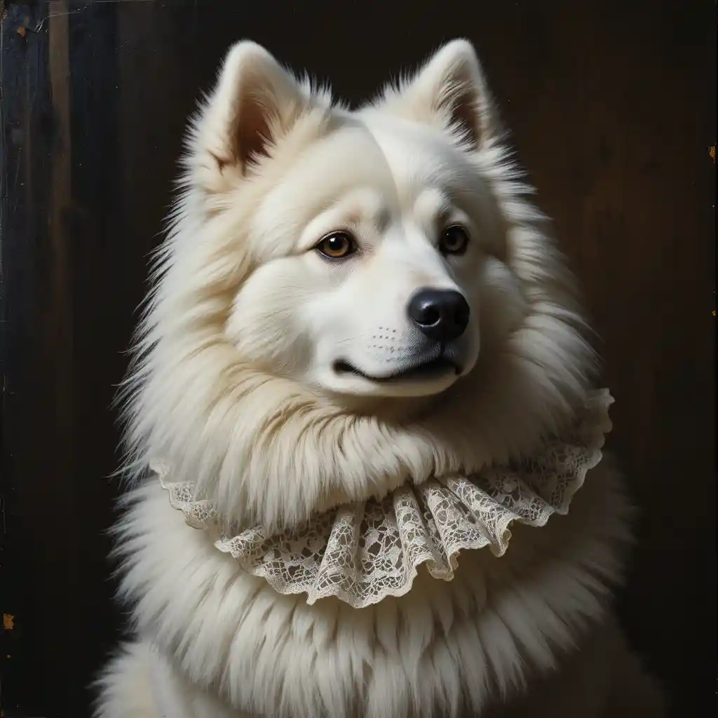 Baroque portrait of a white Samoyed with lace ruff