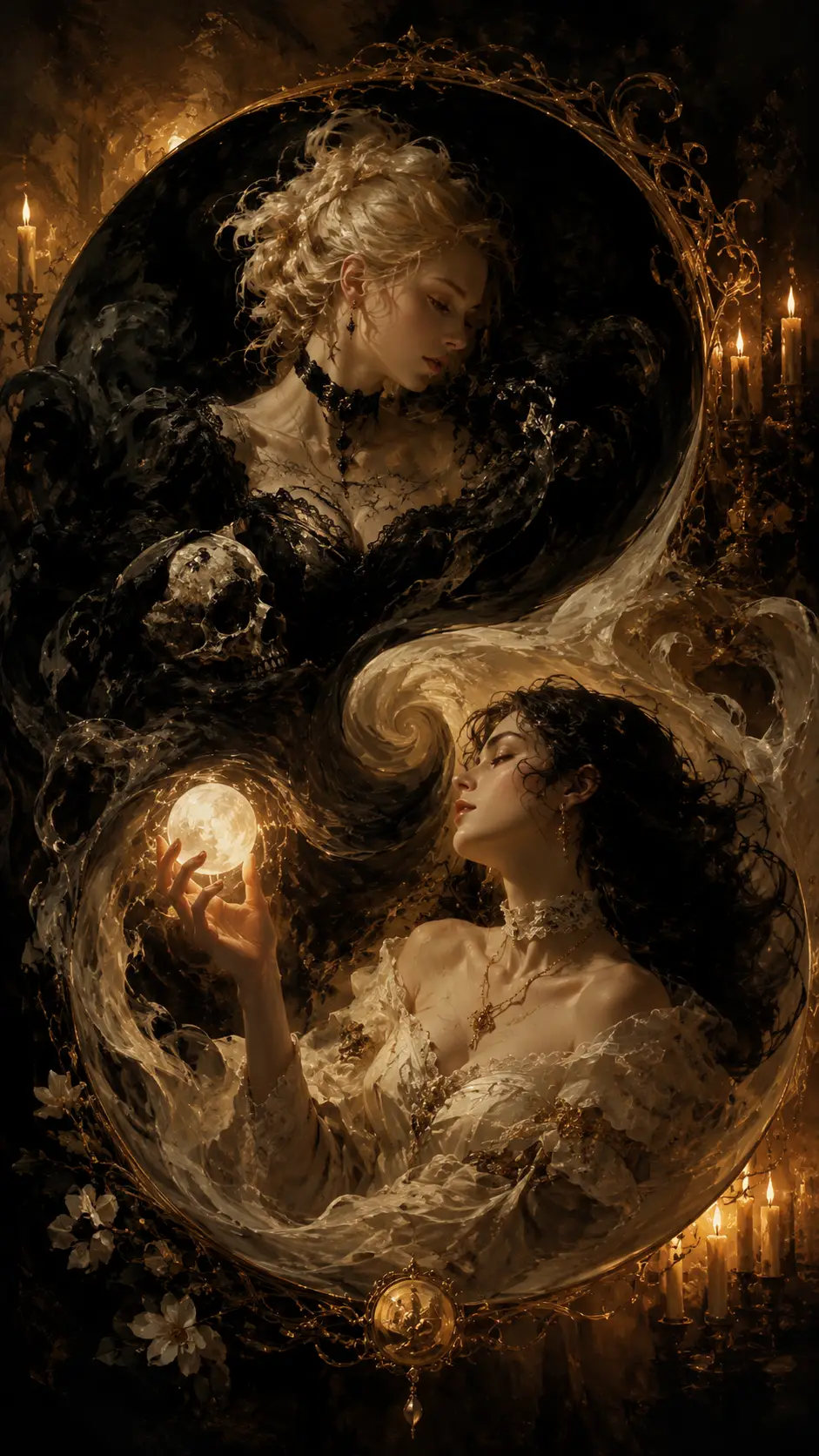 Pintura al óleo barroca de fantasía oscura con humo mágico en espiral