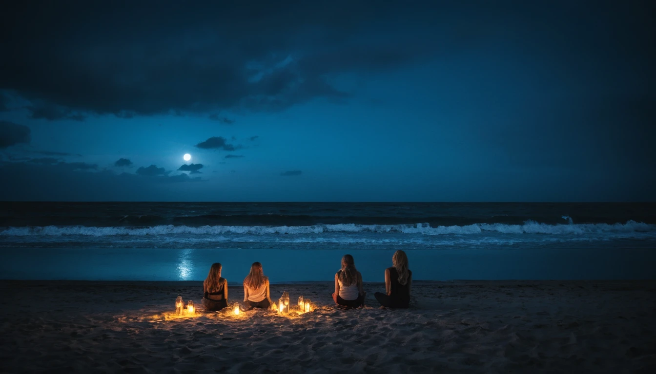 Frauen in Badeanzügen liegen im Rhythmus am Sandstrand