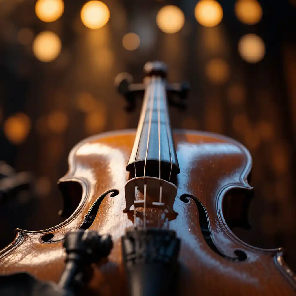 Macro close up of a vintage violin on concert stage