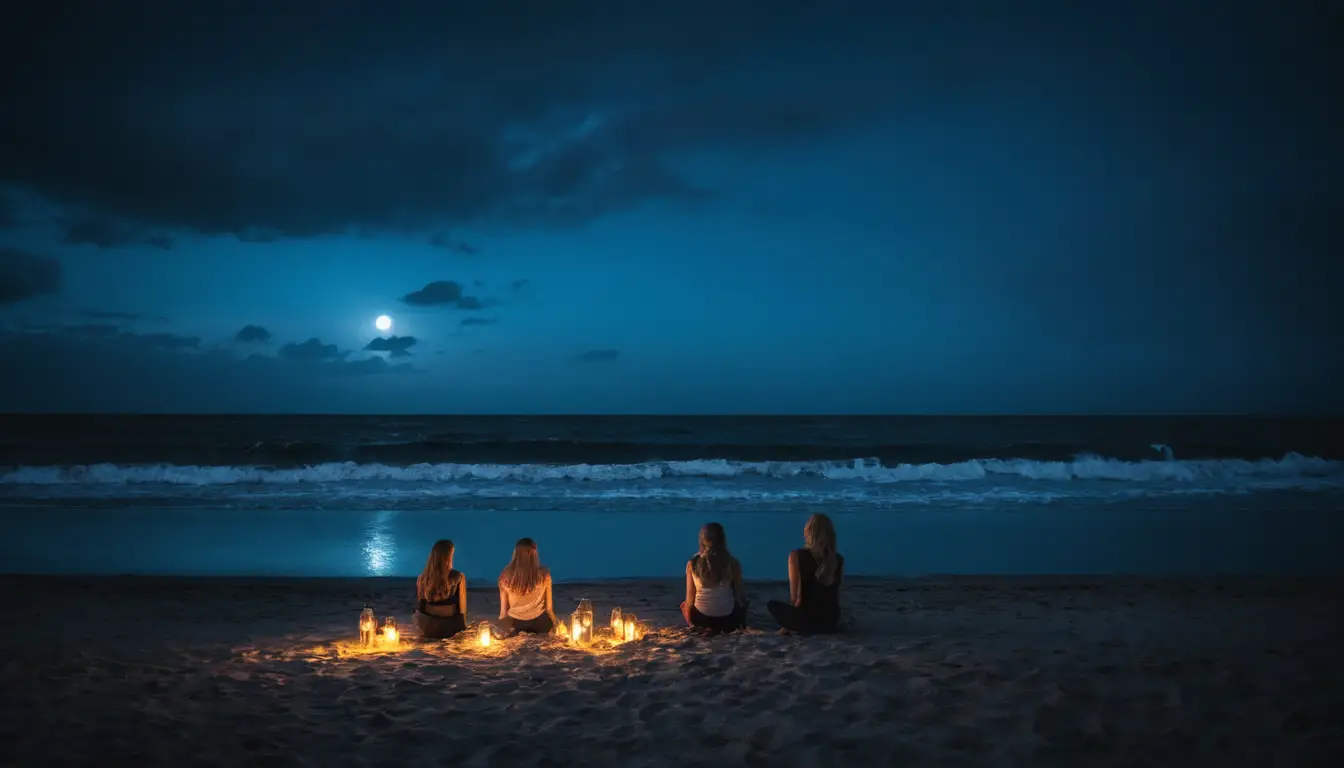 Women in swimsuits lying in rhythm on sandy beach