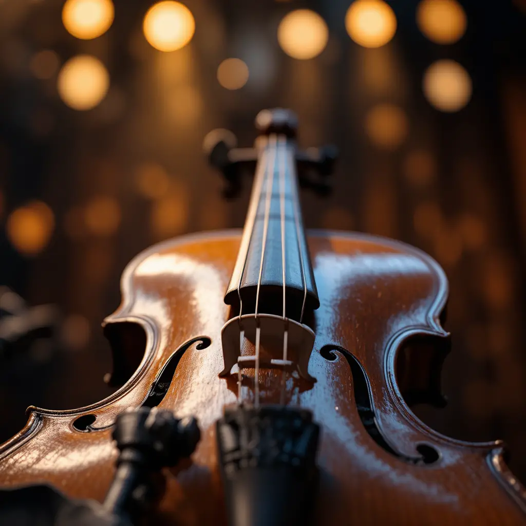 Primer plano macro de un violín vintage en un escenario de concierto