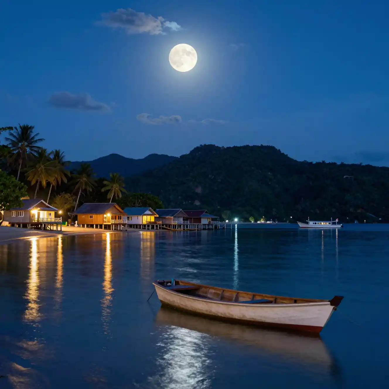Moonlit Tropical Bay With Wooden Boat And Stilt Houses