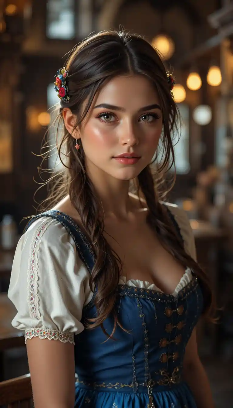 Brunette woman in blue dirndl standing in warm tavern light