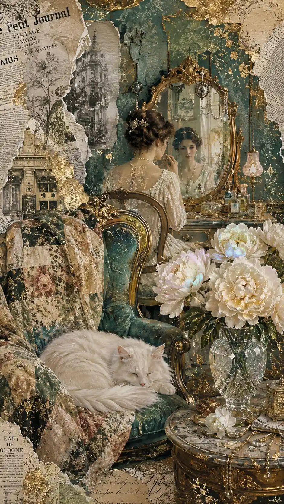 White cat sleeping on armchair in vintage dressing room