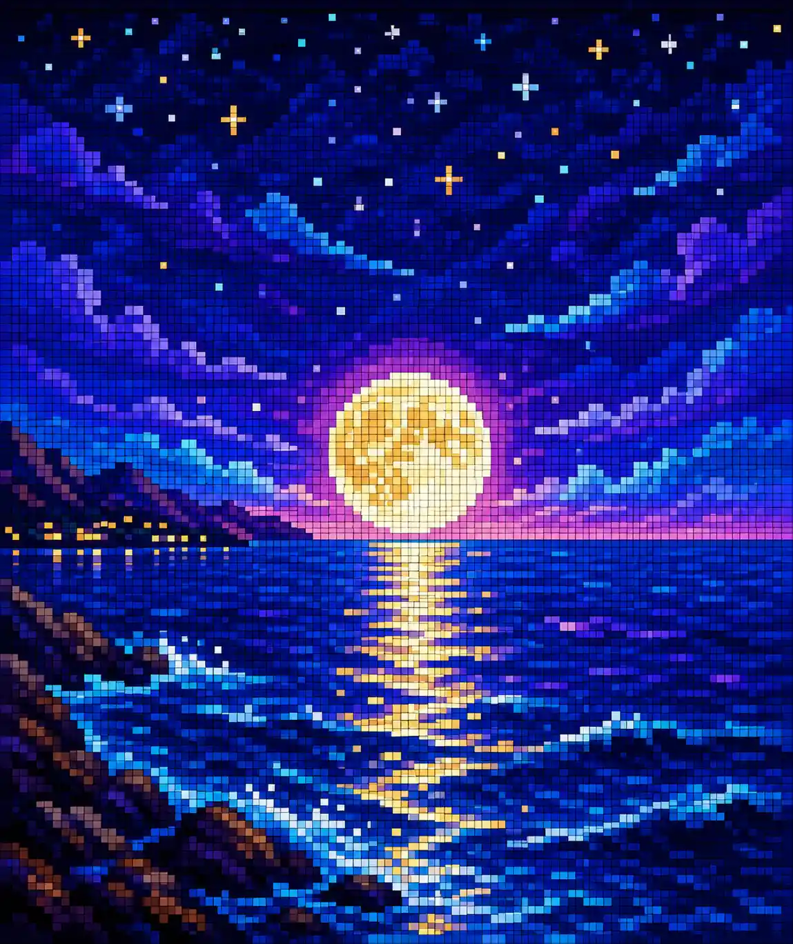 Pixel art moonrise over a tranquil deep blue sea