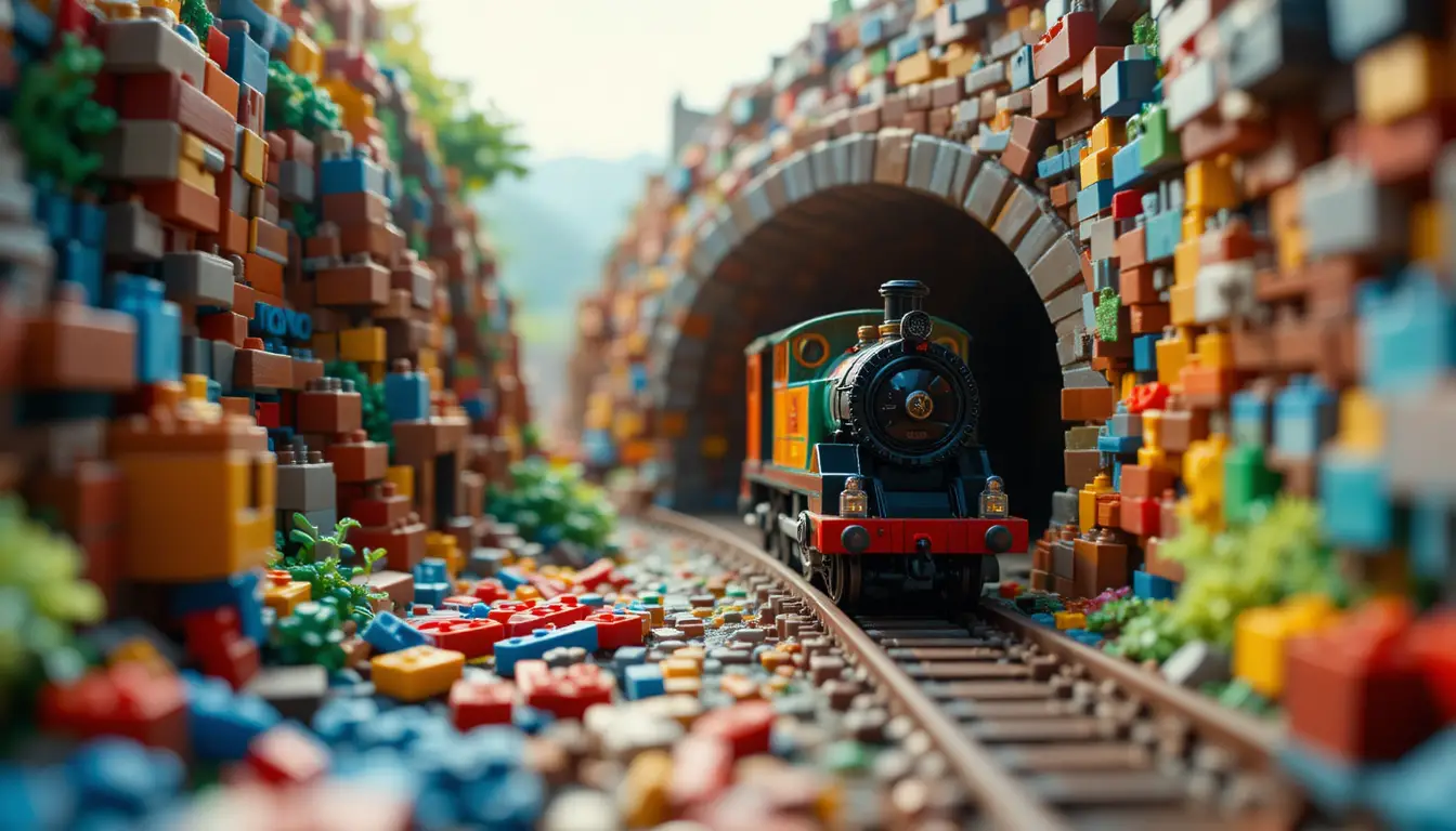 Tren de juguete en miniatura entrando en un túnel de ladrillo en primer plano