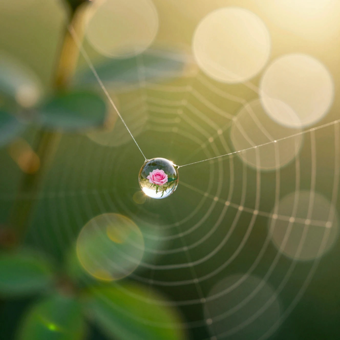 Gota de agua macro en telaraña que refleja una pequeña rosa